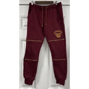 Copper Rivet Burgandy Red Knit Sweat Pants Legendary Embroidery Zipper Legs Sz L